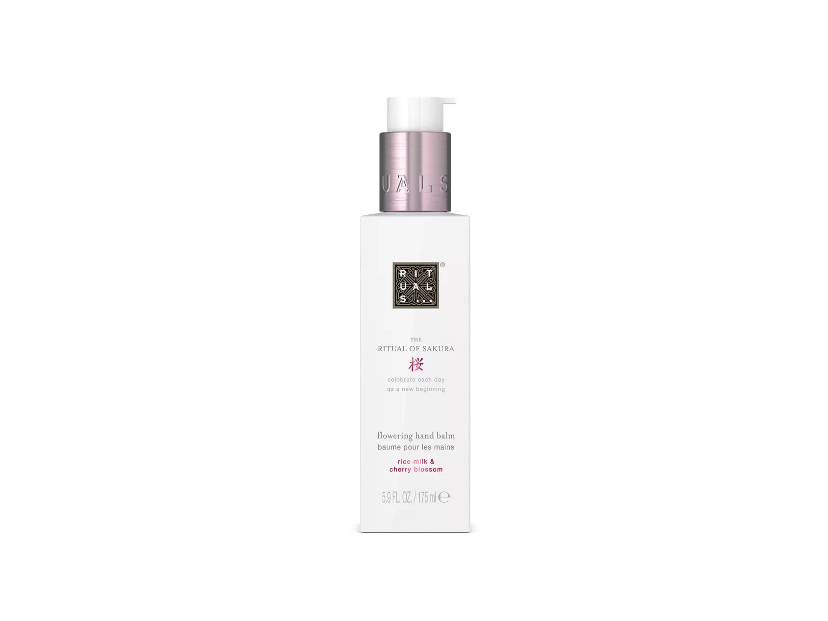 Balsam do rąk Rituals Sakura w białej butelce z pompką z nutą mleka i kwiatów wiśni