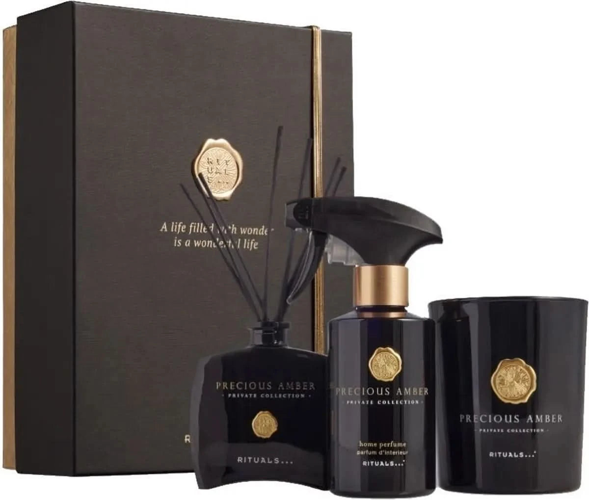 Zestaw podarunkowy kosmetyki Rituals dla firm Precious Amber z dyfuzorem, sprayem i świecą w eleganckim opakowaniu