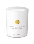 Świeca zapachowa green cardamom Rituals w białym szklanym pojemniku z złotym logo