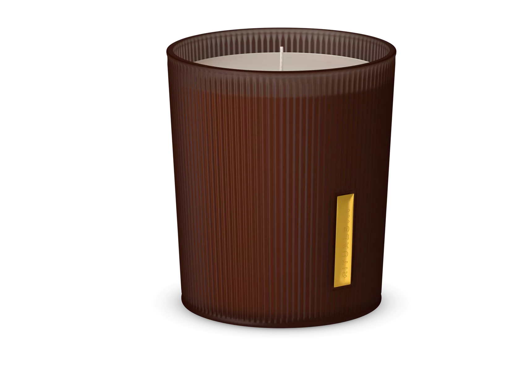 Brązowa świeca zapachowa Rituals The Ritual of Mehr w eleganckim, żłobkowanym szkle z białym woskiem