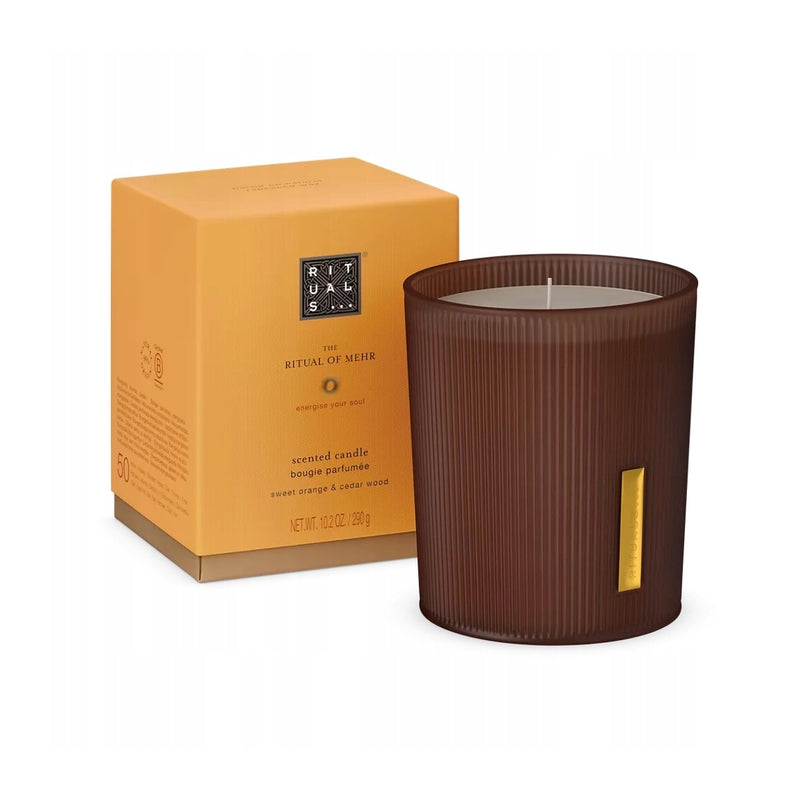 Świeca zapachowa Rituals The Ritual of Mehr w brązowym szkle z opakowaniem w kolorze pomarańczowym