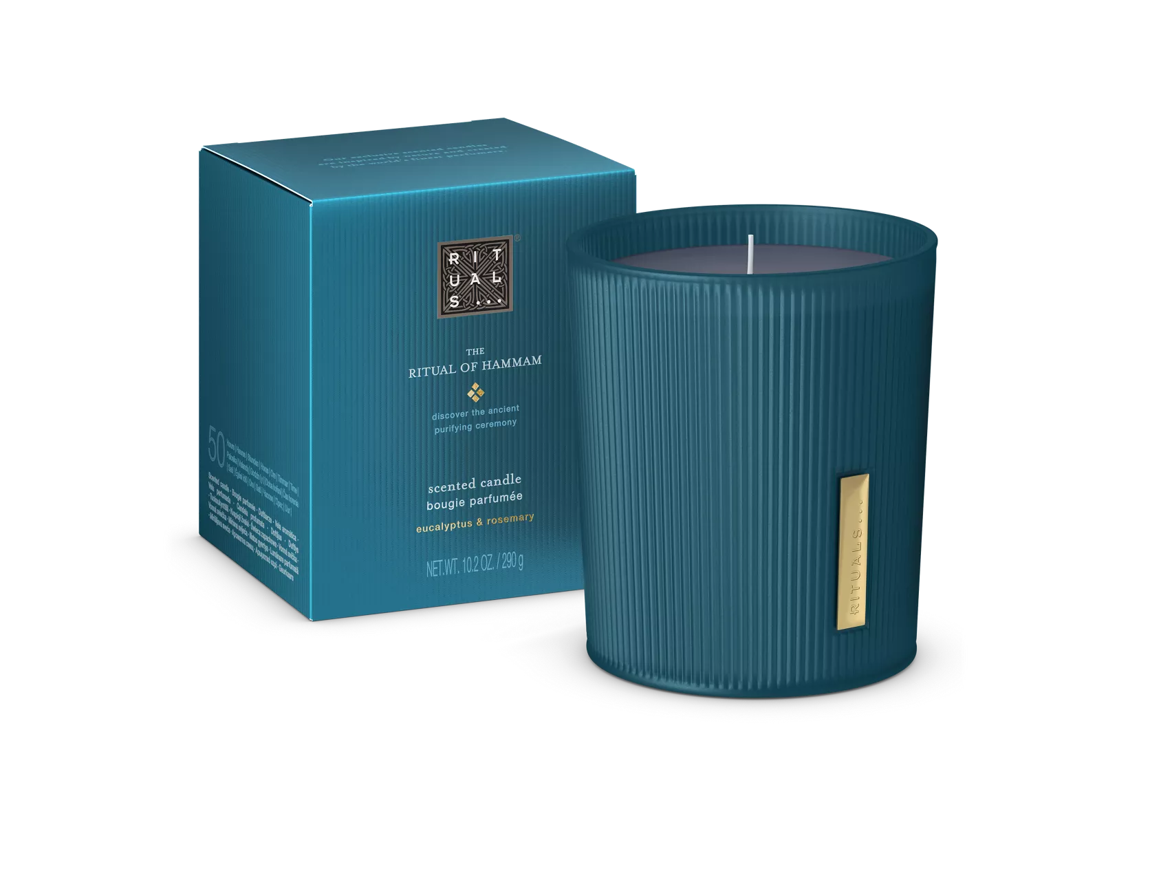 Świeca zapachowa Rituals Hammam w niebieskim, prążkowanym szkle z eleganckim opakowaniem
