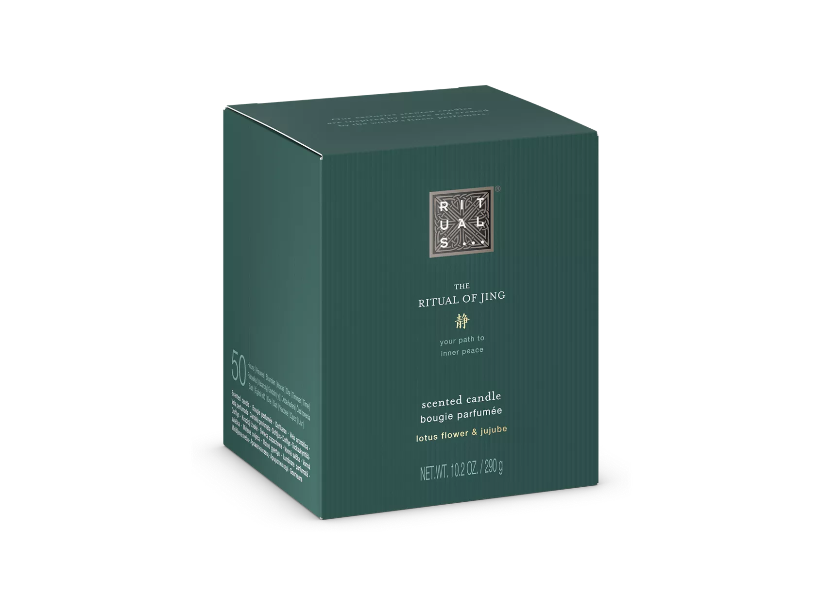 Pudełko świecy zapachowej Rituals Jing w zielonym opakowaniu z logo i opisem produktu