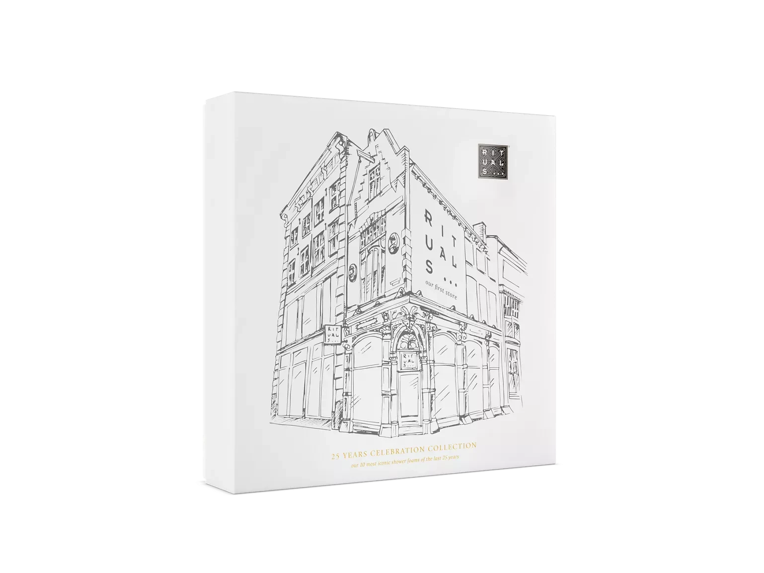 Rituals zestaw podarunkowy XL w eleganckim białym pudełku z czarno-białym rysunkiem budynku