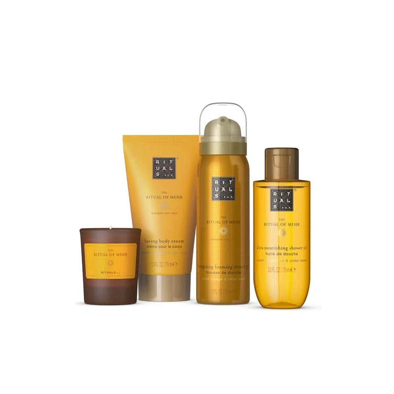 Zestaw prezentowy Rituals Mehr dla firm z pielęgnacją ciała i świecą w kolorze żółtym