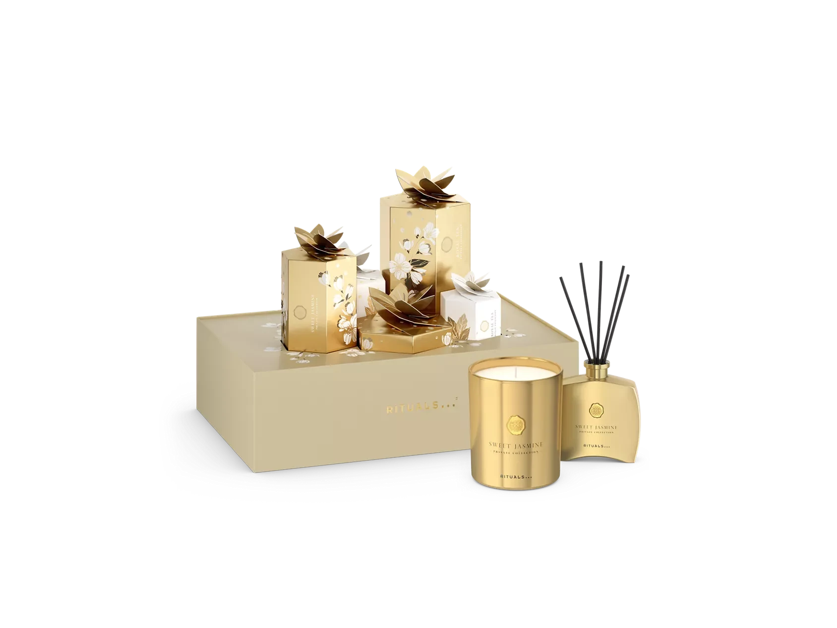 Zestaw prezentowy Rituals Winter Garden z pachnącą świecą i dyfuzorem w złotym opakowaniu