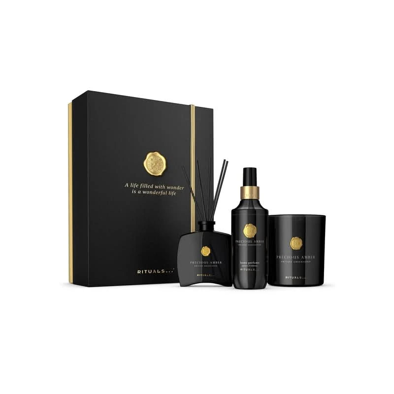 Zestaw upominkowy Rituals Precious Amber z zapachowym dyfuzorem, mgiełką i świecą w eleganckim opakowaniu