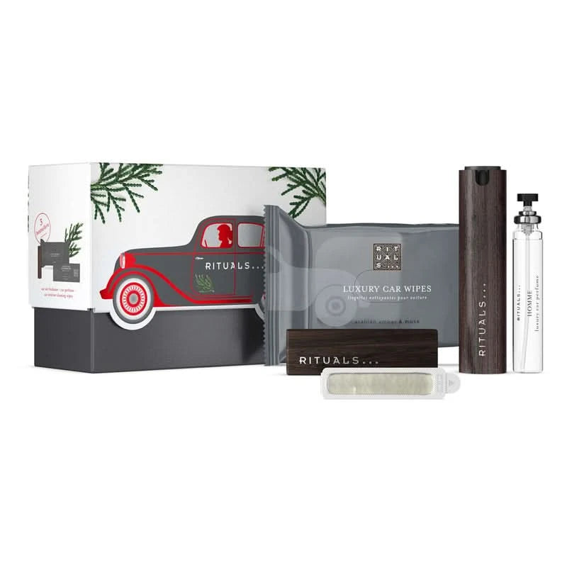Zestaw upominkowy samochodowy Rituals zawiera chusteczki, odświeżacz powietrza i akcesoria do auta
