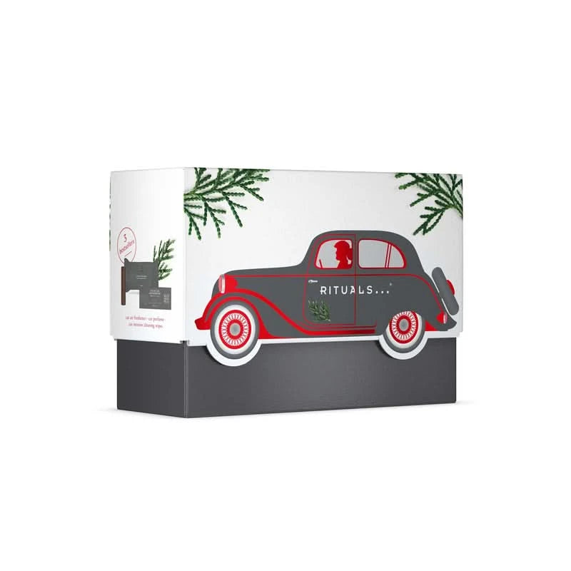 Zestaw upominkowy samochodowy Rituals w ozdobnym pudełku z motywem retro auta i zielonych gałązek